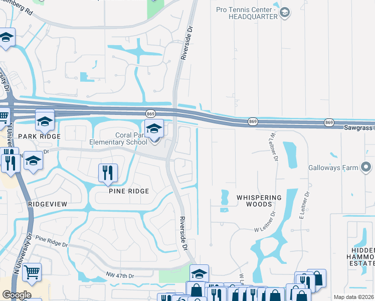 map of restaurants, bars, coffee shops, grocery stores, and more near 5681 Riverside Drive in Coral Springs