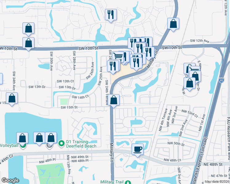 map of restaurants, bars, coffee shops, grocery stores, and more near 1360 Southwest 24th Terrace in Deerfield Beach
