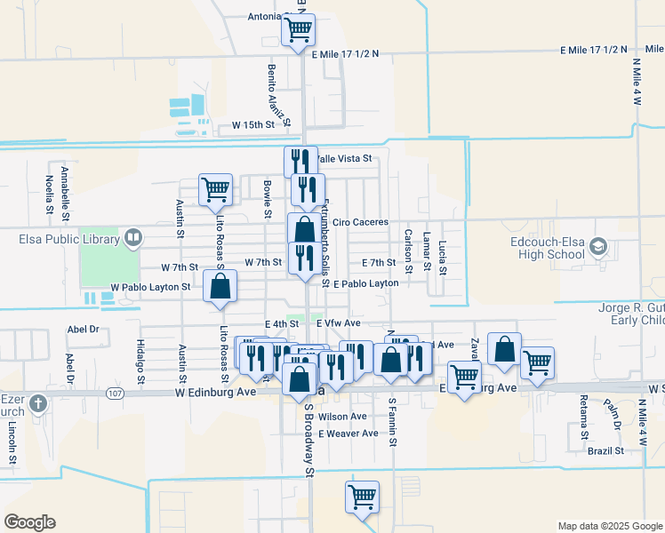 map of restaurants, bars, coffee shops, grocery stores, and more near 636 Crockett Street in Elsa