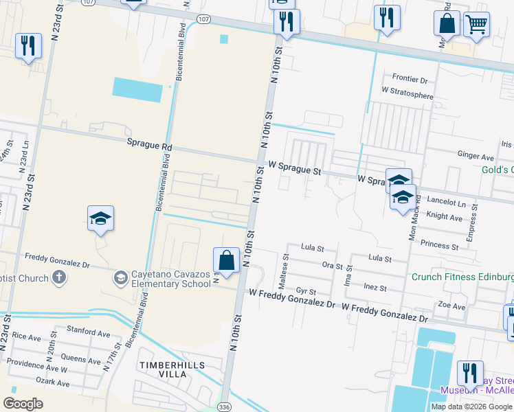 map of restaurants, bars, coffee shops, grocery stores, and more near 10721 North 10th Street in McAllen
