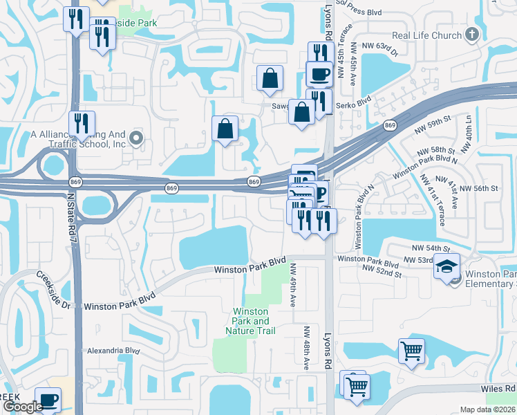 map of restaurants, bars, coffee shops, grocery stores, and more near 5560 Northwest 50th Avenue in Coconut Creek