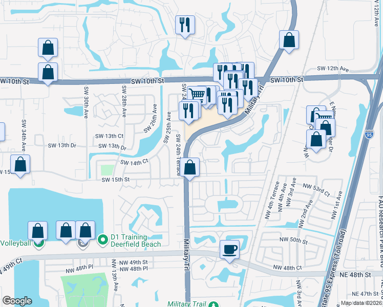 map of restaurants, bars, coffee shops, grocery stores, and more near 1360 Southwest 24th Terrace in Deerfield Beach