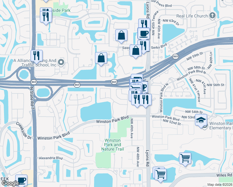 map of restaurants, bars, coffee shops, grocery stores, and more near 5560 Northwest 50th Avenue in Coconut Creek