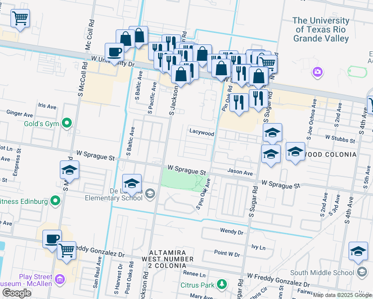map of restaurants, bars, coffee shops, grocery stores, and more near 1922 Upland Drive in Edinburg