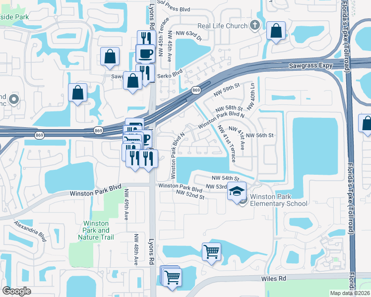 map of restaurants, bars, coffee shops, grocery stores, and more near 4450 Northwest 55th Drive in Coconut Creek