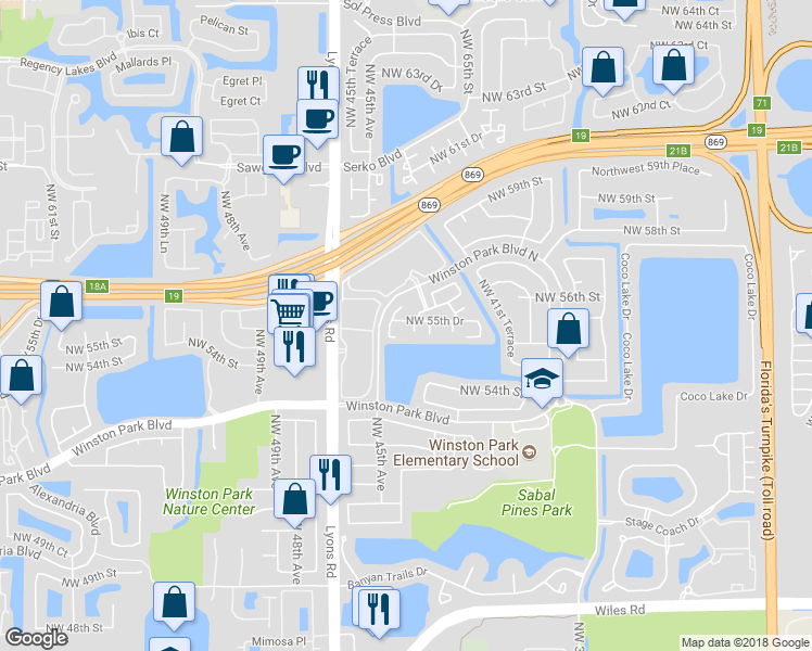 map of restaurants, bars, coffee shops, grocery stores, and more near 4450 Northwest 55th Drive in Coconut Creek