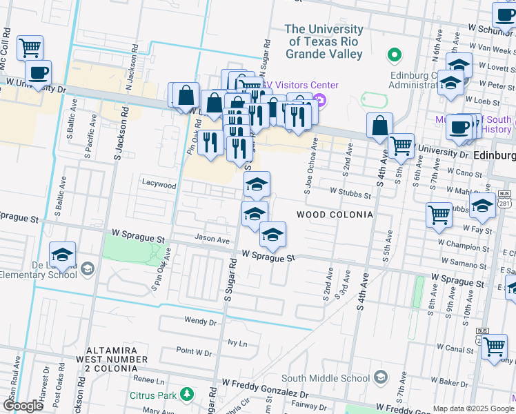 map of restaurants, bars, coffee shops, grocery stores, and more near 510 South Sugar Road in Edinburg