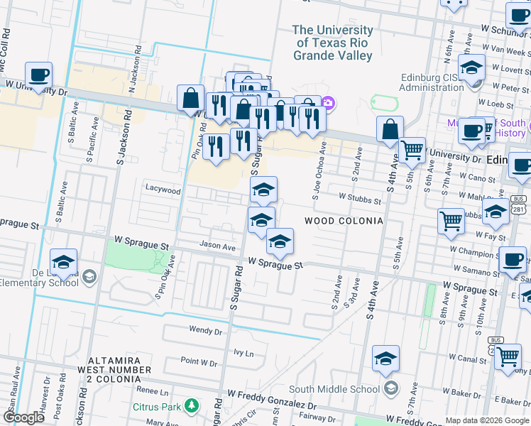 map of restaurants, bars, coffee shops, grocery stores, and more near 510 South Sugar Road in Edinburg
