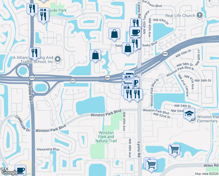 map of restaurants, bars, coffee shops, grocery stores, and more near 5560 Northwest 50th Avenue in Coconut Creek