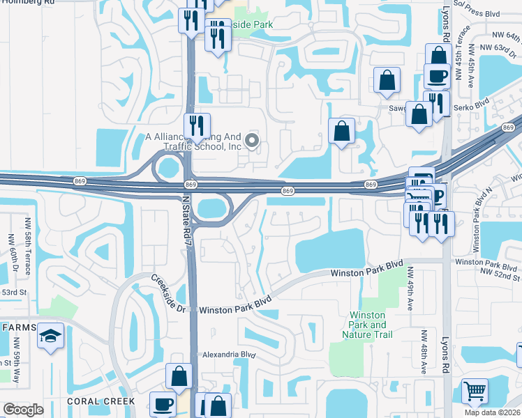 map of restaurants, bars, coffee shops, grocery stores, and more near 5444 Northwest 55th Drive in Coconut Creek