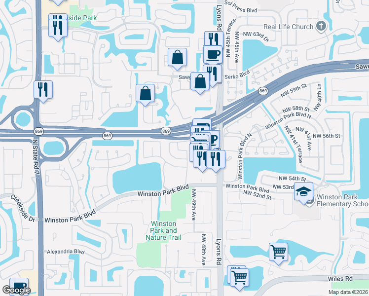 map of restaurants, bars, coffee shops, grocery stores, and more near 4930 Northwest 56th Street in Coconut Creek