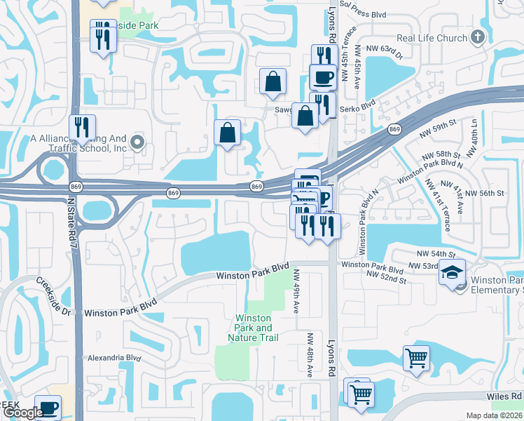 map of restaurants, bars, coffee shops, grocery stores, and more near 5560 Northwest 50th Avenue in Coconut Creek