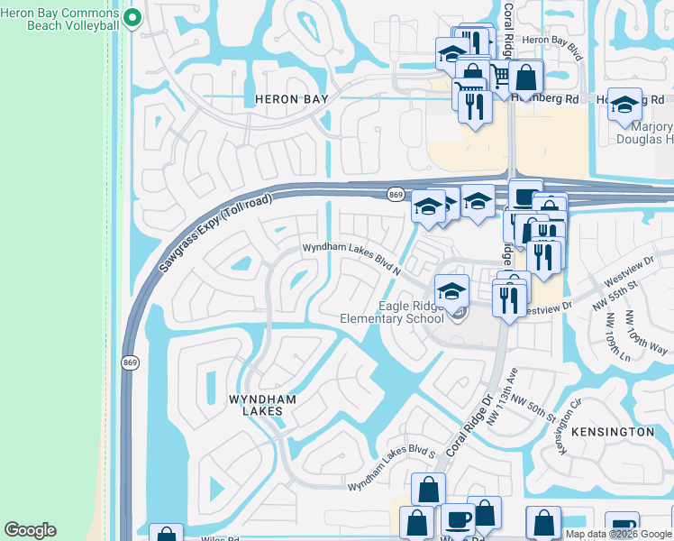 map of restaurants, bars, coffee shops, grocery stores, and more near 5479 Northwest 121st Avenue in Tamarac