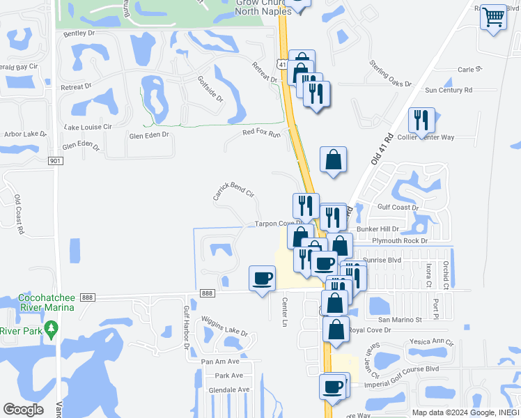 map of restaurants, bars, coffee shops, grocery stores, and more near 929 Carrick Bend Circle in Naples