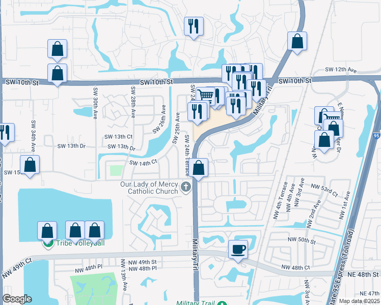 map of restaurants, bars, coffee shops, grocery stores, and more near 1360 Southwest 24th Terrace in Deerfield Beach