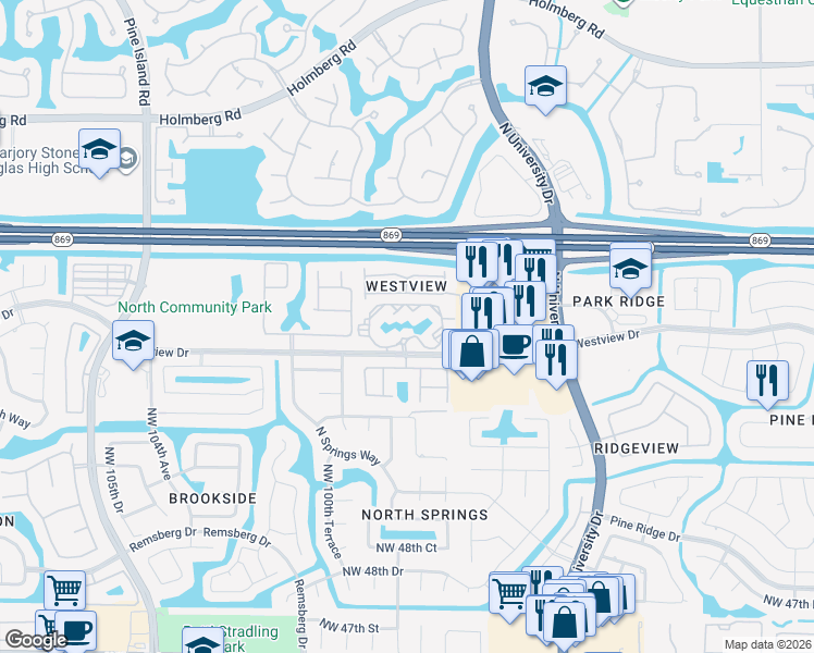 map of restaurants, bars, coffee shops, grocery stores, and more near 9701 Westview Drive in Coral Springs