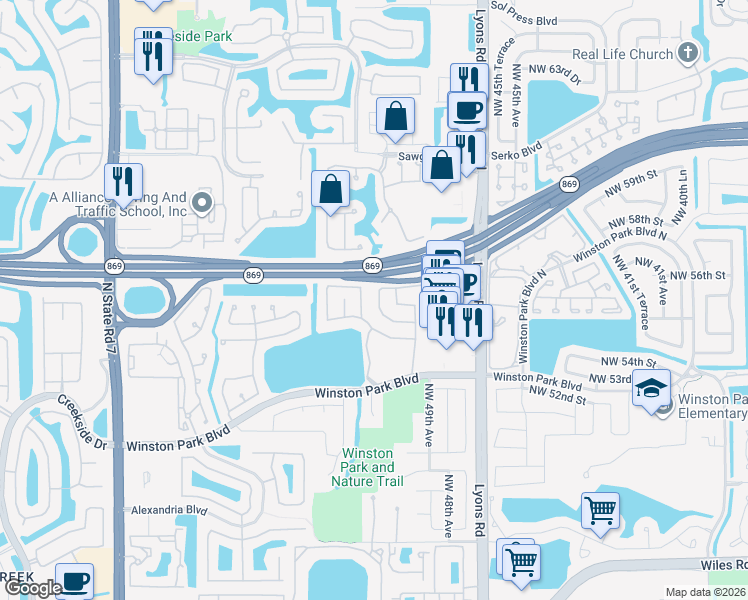 map of restaurants, bars, coffee shops, grocery stores, and more near 5531 Northwest 49th Way in Coconut Creek