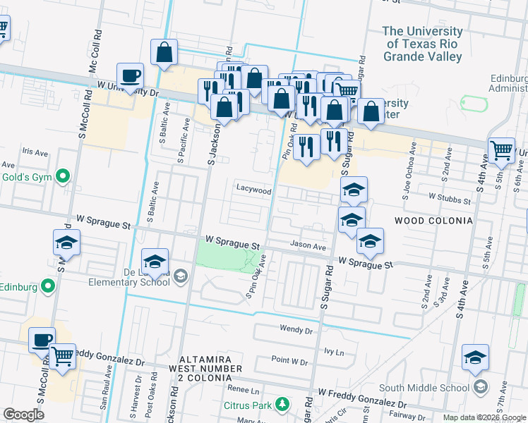 map of restaurants, bars, coffee shops, grocery stores, and more near 1917 Upland Drive in Edinburg
