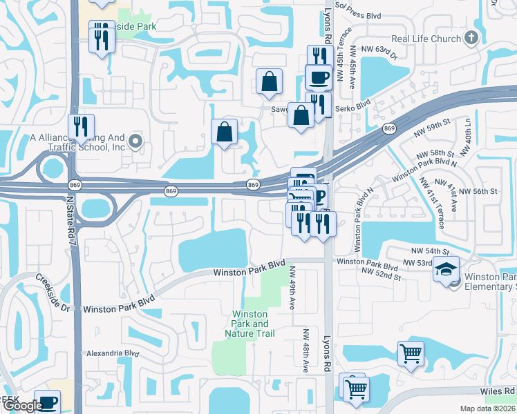 map of restaurants, bars, coffee shops, grocery stores, and more near 5560 Northwest 50th Avenue in Coconut Creek
