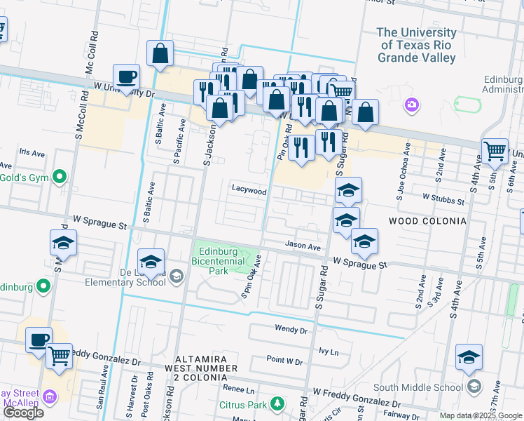 map of restaurants, bars, coffee shops, grocery stores, and more near 1917 Upland Drive in Edinburg