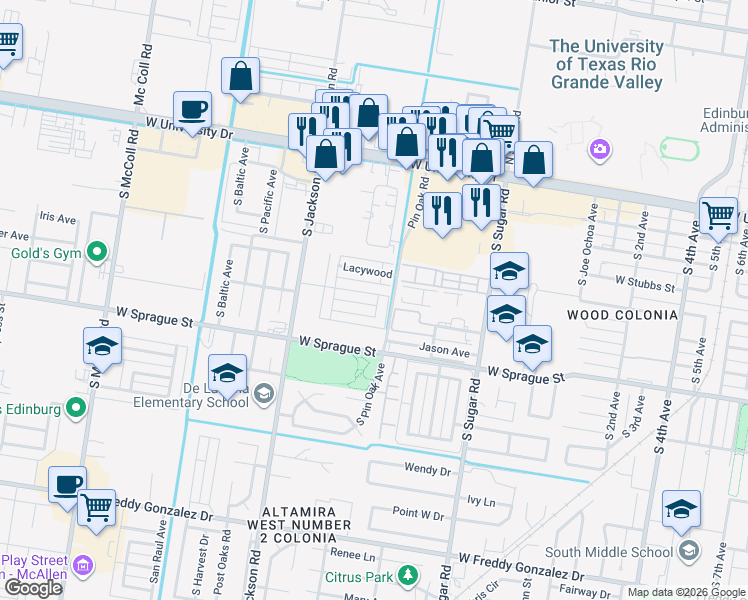 map of restaurants, bars, coffee shops, grocery stores, and more near 1917 Upland Drive in Edinburg