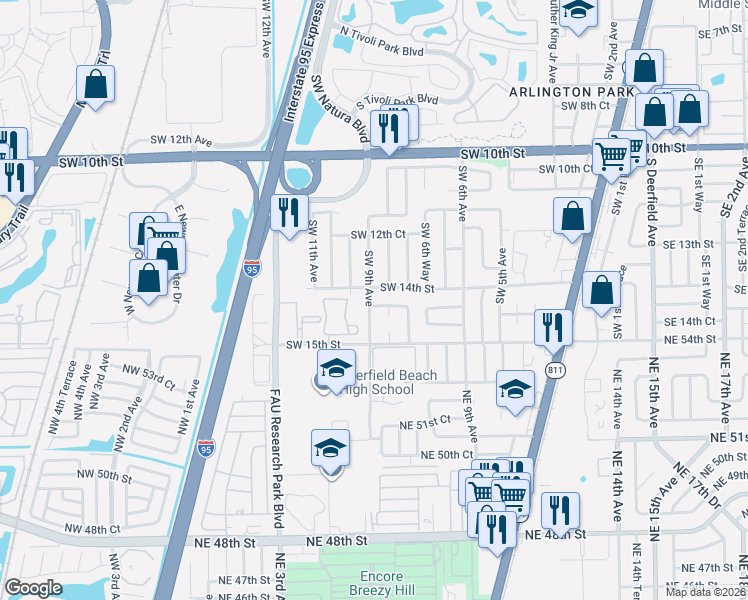 map of restaurants, bars, coffee shops, grocery stores, and more near 810 Southwest 14th Street in Deerfield Beach