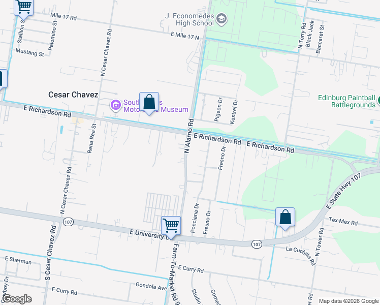 map of restaurants, bars, coffee shops, grocery stores, and more near 701 North Alamo Road in Edinburg