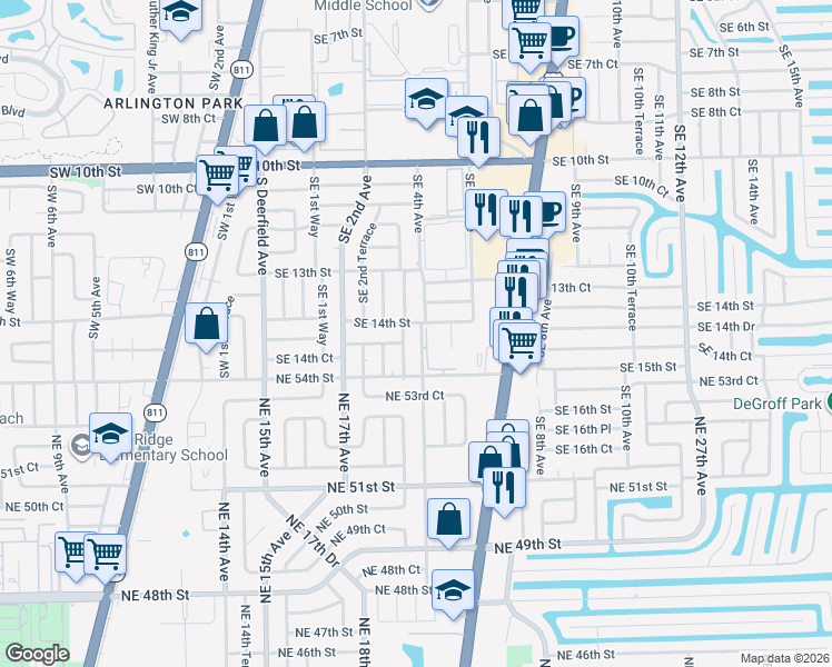map of restaurants, bars, coffee shops, grocery stores, and more near 401a Southeast 14th Street in Deerfield Beach