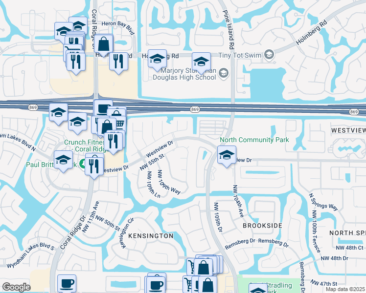 map of restaurants, bars, coffee shops, grocery stores, and more near 9420 Northwest 55th Street in Coral Springs