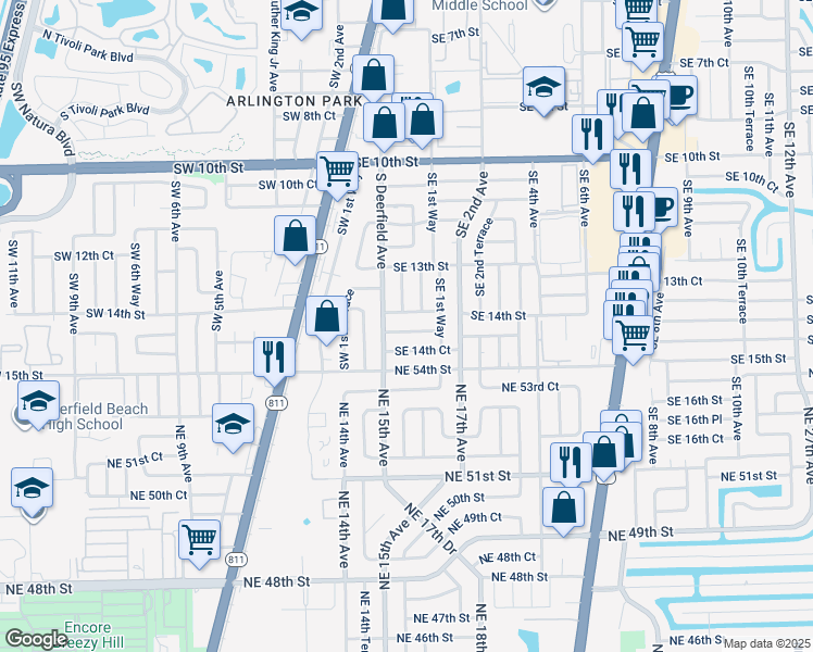 map of restaurants, bars, coffee shops, grocery stores, and more near 4 Southeast 14th Street in Deerfield Beach