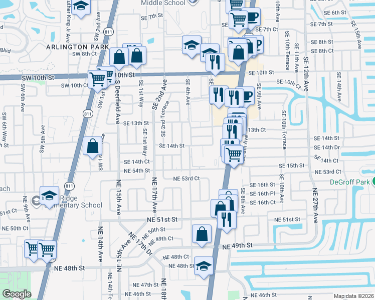 map of restaurants, bars, coffee shops, grocery stores, and more near 401a Southeast 14th Street in Deerfield Beach