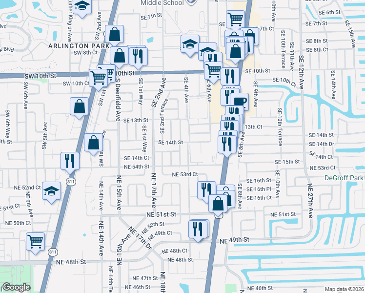 map of restaurants, bars, coffee shops, grocery stores, and more near 303 Southeast 14th Street in Deerfield Beach