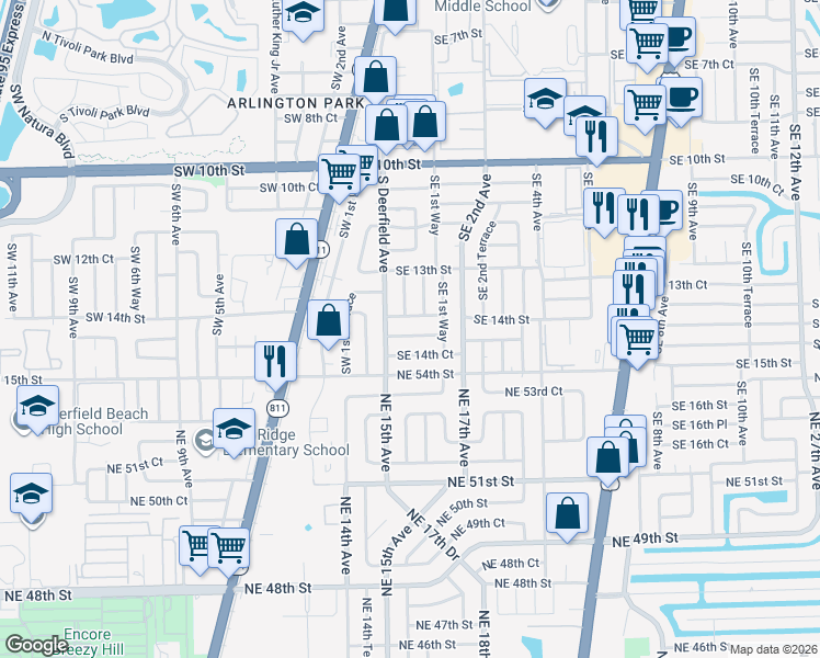 map of restaurants, bars, coffee shops, grocery stores, and more near 4 Southeast 14th Street in Deerfield Beach