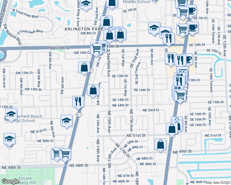 map of restaurants, bars, coffee shops, grocery stores, and more near 4 Southeast 14th Street in Deerfield Beach