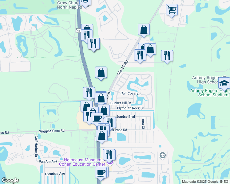 map of restaurants, bars, coffee shops, grocery stores, and more near 1483 Gulf Coast Drive in Naples
