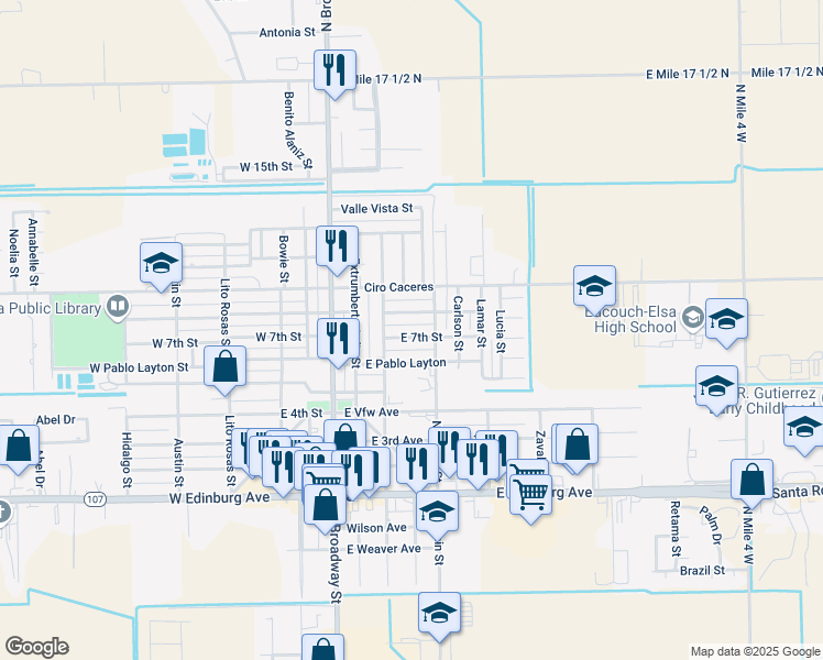 map of restaurants, bars, coffee shops, grocery stores, and more near 318 East Oscar Gonzales Avenue in Elsa