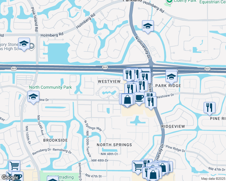 map of restaurants, bars, coffee shops, grocery stores, and more near 9701 Westview Drive in Coral Springs