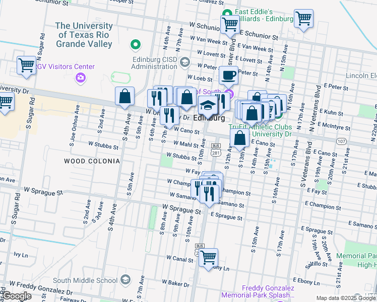 map of restaurants, bars, coffee shops, grocery stores, and more near 218 West Mahl Street in Edinburg