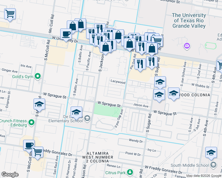 map of restaurants, bars, coffee shops, grocery stores, and more near 1922 Upland Drive in Edinburg