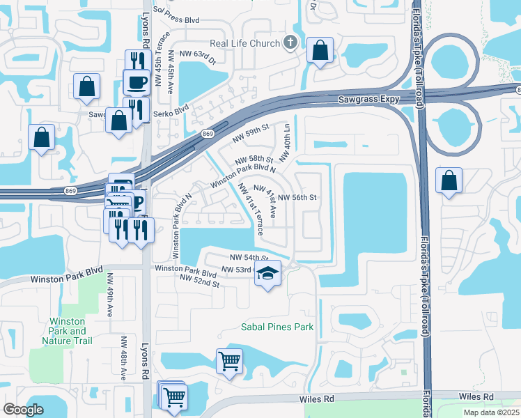 map of restaurants, bars, coffee shops, grocery stores, and more near 5544 Northwest 41st Terrace in Coconut Creek
