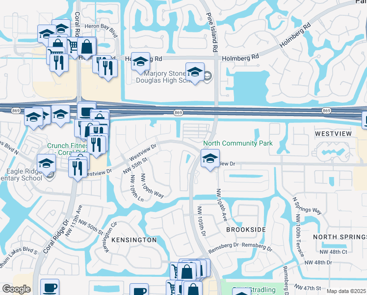 map of restaurants, bars, coffee shops, grocery stores, and more near 5502 Northwest 106th Drive in Coral Springs