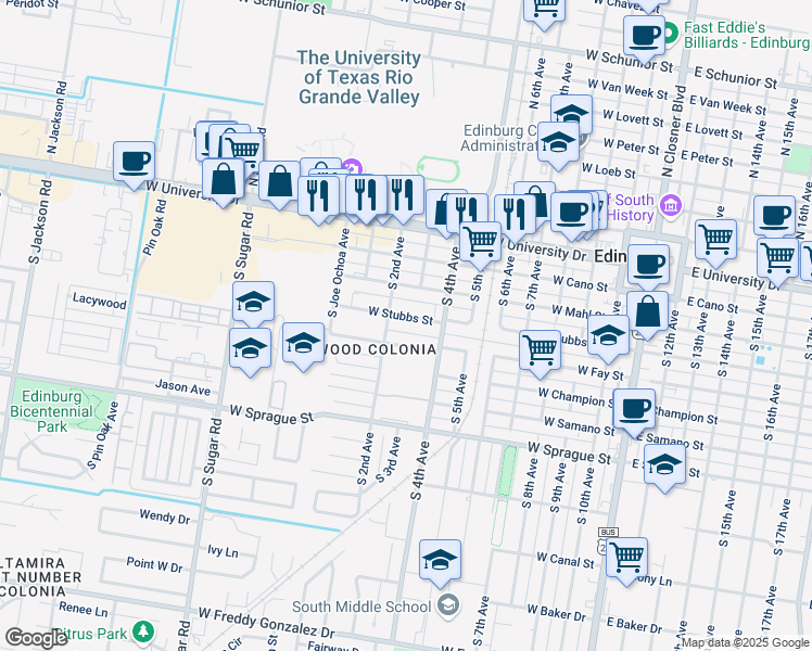 map of restaurants, bars, coffee shops, grocery stores, and more near 904 West Stubbs Street in Edinburg