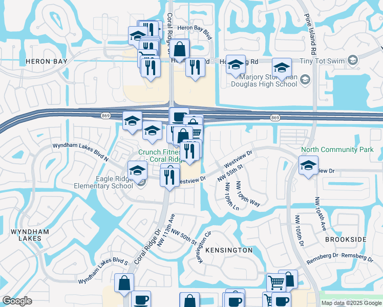 map of restaurants, bars, coffee shops, grocery stores, and more near 5601 Coral Ridge Drive in Coral Springs