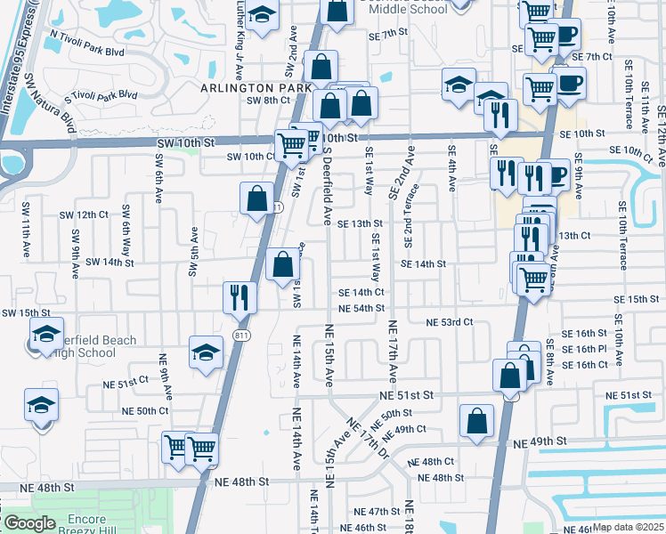 map of restaurants, bars, coffee shops, grocery stores, and more near 4 Southeast 14th Street in Deerfield Beach