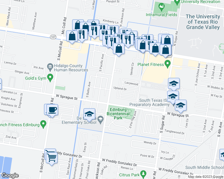 map of restaurants, bars, coffee shops, grocery stores, and more near 60 South Jackson Road in Edinburg