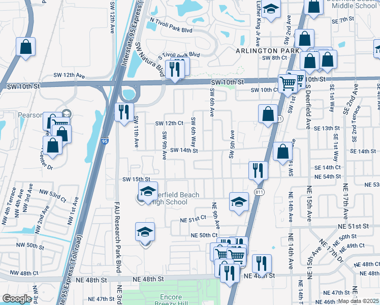 map of restaurants, bars, coffee shops, grocery stores, and more near 680 Southwest 14th Street in Deerfield Beach