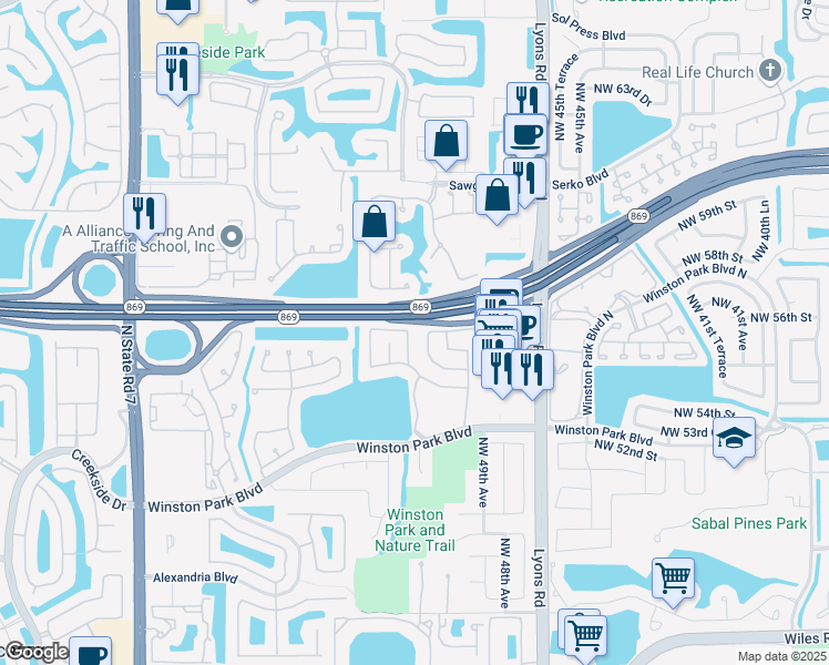 map of restaurants, bars, coffee shops, grocery stores, and more near 5560 Northwest 50th Avenue in Coconut Creek