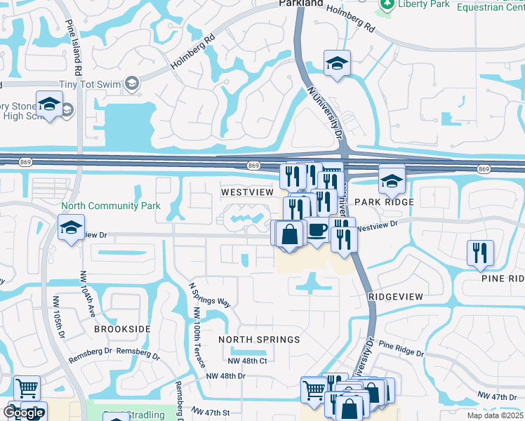 map of restaurants, bars, coffee shops, grocery stores, and more near 9701 Westview Drive in Coral Springs