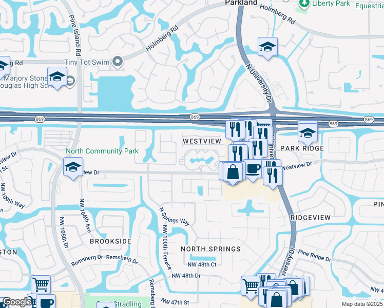 map of restaurants, bars, coffee shops, grocery stores, and more near 9877 Westview Drive in Coral Springs