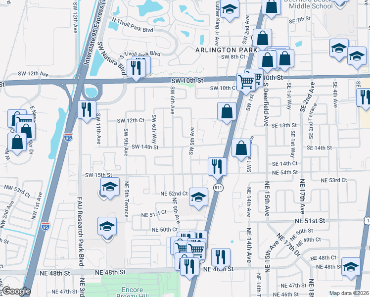 map of restaurants, bars, coffee shops, grocery stores, and more near 540 Southwest 14th Street in Deerfield Beach